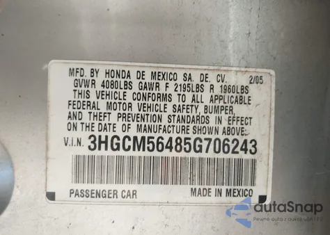 2005 Honda Accord 2.4 Lx z USA, uszkodzony, nr VIN 3HGCM56485G706243